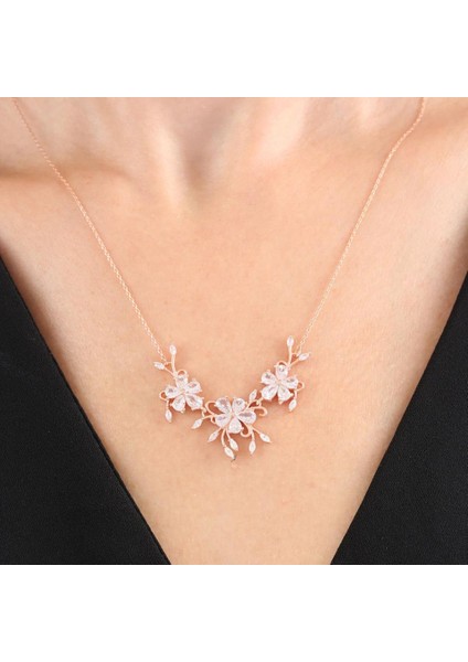 Pırlanta Montür Işıltılı Gül Rüyası Rose Renk Flowers Gümüş Kolye