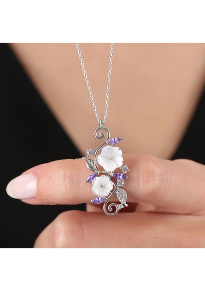 Ametist Taşlı Manolya Çiçeği Sevgi Bahçesi Flowers Gümüş Kolye