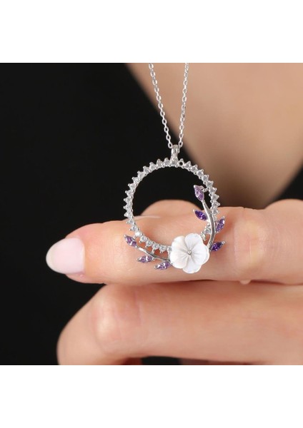 Pırlanta Montür Ametist Taşlı Manolya Çiçeği Tacı Flowers Gümüş Kolye
