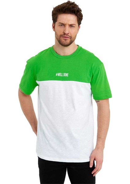 Erkek Bisiklet Yaka Blok Renkli Regular Fit Baskılı Tişört