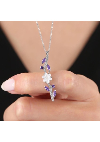 Ametist Taşlı Manolya Çiçeği Zarafet Bağı Flowers Gümüş Kolye