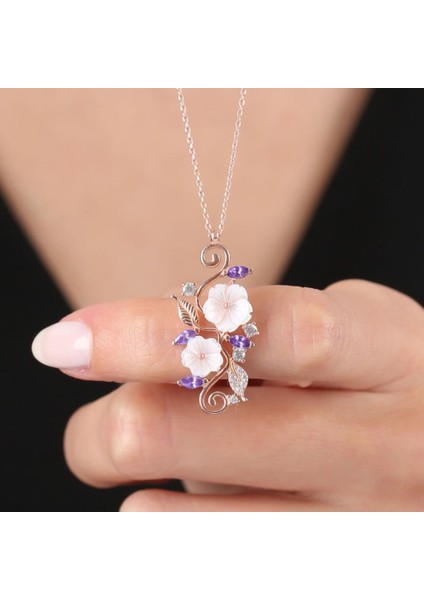 Ametist Taşlı Manolya Çiçeği Sevgi Bahçesi Rose Flowers Gümüş Kolye