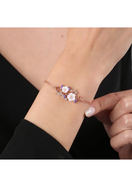 Ametist Taşlı Manolya Çiçeği Sevgi Bahçesi Rose Flowers Gümüş Bileklik