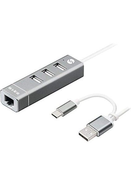 SW-U222 Type-C & USB 2.0 10/100MBPS 3 Port USB Ethernet Adaptör