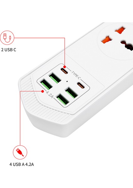 6 Usb'li 4'lü Çoklu Priz 2 M Kablolu Akım Korumalı Anahtarlı Uzatma Grup Priz 3000W 2 Typec Siyah