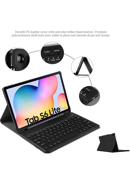 Samsung Galaxy Tab S6 Lite Uyumlu Klavyeli Kılıf Deri Kapaklı - Siyah