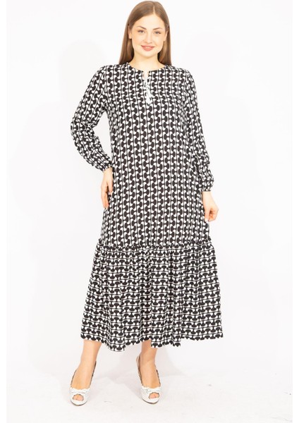 Kadın Siyah Dokuma Viskon Kumaş Etek Ucu Katlı Uzun Kollu Elbise 65N35513