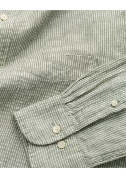 Erkek Yeşil Regular Fit Düğmeli Yaka Çizgili Keten Gömlek 3230081.362 fiyatları