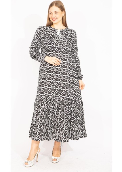 Kadın Siyah Dokuma Viskon Kumaş Etek Ucu Katlı Uzun Kollu Elbise 65N35512 fiyatları