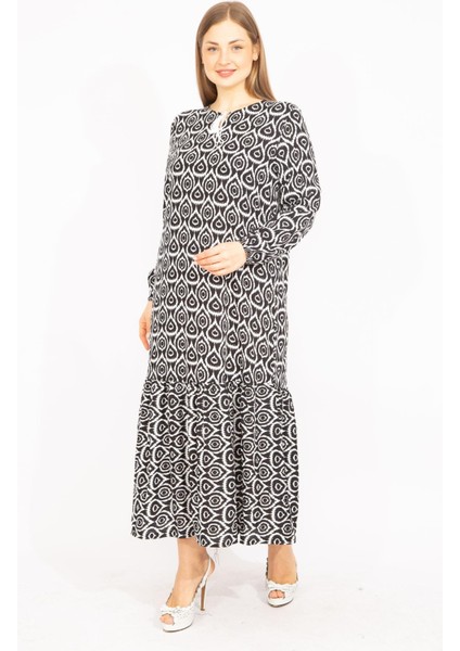 Kadın Siyah Dokuma Viskon Kumaş Etek Ucu Katlı Uzun Kollu Elbise 65N35512 modelleri