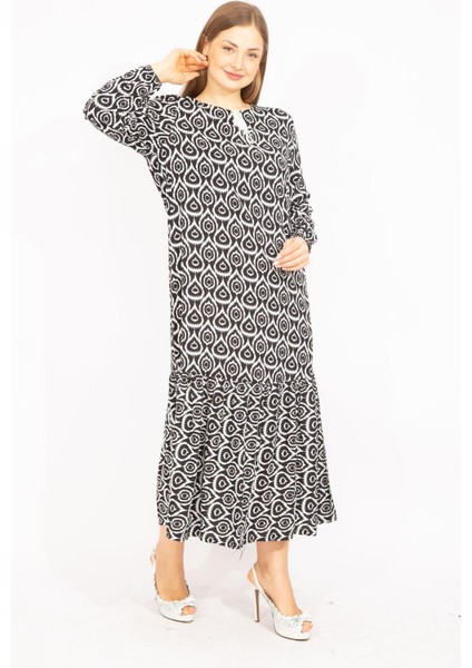 Kadın Siyah Dokuma Viskon Kumaş Etek Ucu Katlı Uzun Kollu Elbise 65N35512 fırsatları