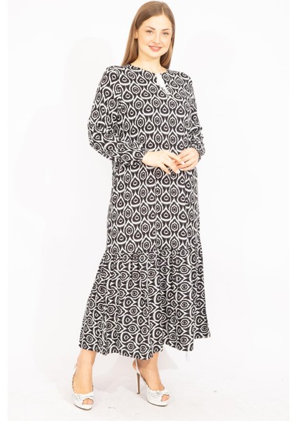 Kadın Siyah Dokuma Viskon Kumaş Etek Ucu Katlı Uzun Kollu Elbise 65N35512 indirimleri