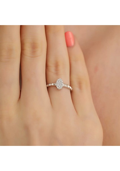 925 Ayar Zirkon Taş Süslemeli Elips Ayarlanabilir Gümüş Yüzük Silver