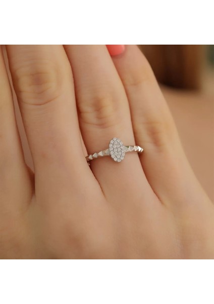 925 Ayar Zirkon Taş Süslemeli Elips Ayarlanabilir Gümüş Yüzük Silver