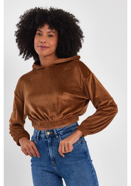 Kadife Kumaş Kapşonlu Uzun Kollu Crop Sweat