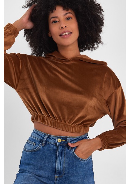Kadife Kumaş Kapşonlu Uzun Kollu Crop Sweat fırsatları