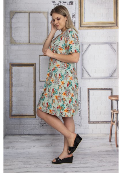Kadın Yeşil V Yaka Kol Ağzı Lastikli Göğüs Detaylı Çiçek Desenli Elbise 65N22881 fiyatları