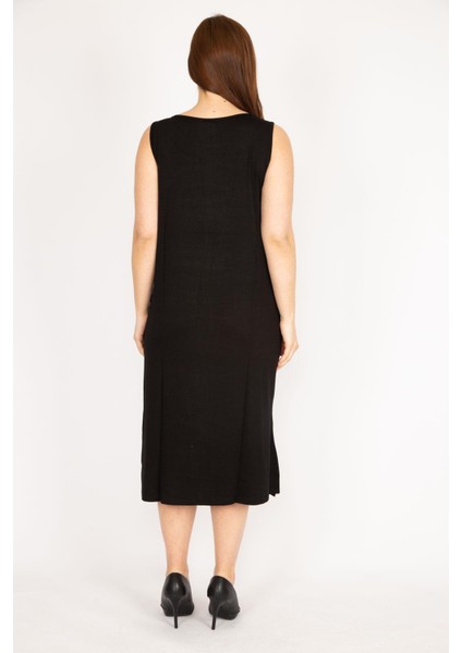 Kadın Siyah Büyük Beden Taş Detaylı Ön Cepli Elbise modelleri