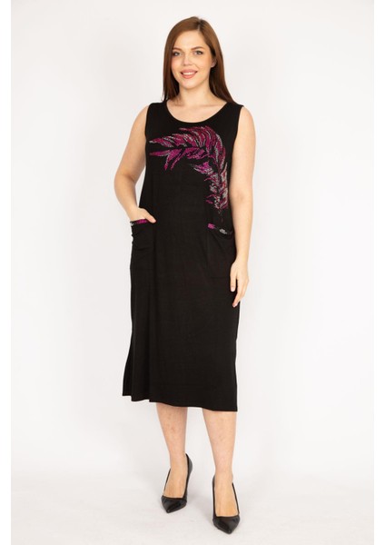 Kadın Siyah Büyük Beden Taş Detaylı Ön Cepli Elbise indirimleri