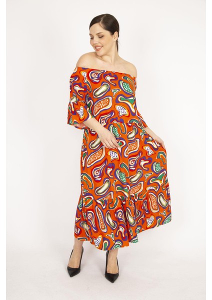 Kadın Oranj Büyük Beden Dokuma Viskon Kumaş Yaka Lastikli Kol Ve Etek Ucu Büzgülü Elbise