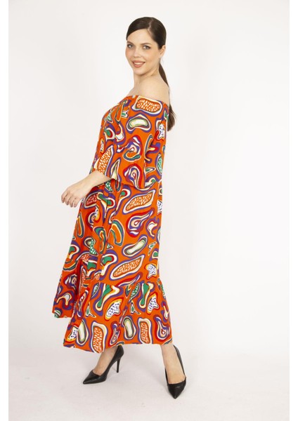 Kadın Oranj Büyük Beden Dokuma Viskon Kumaş Yaka Lastikli Kol Ve Etek Ucu Büzgülü Elbise fiyatları