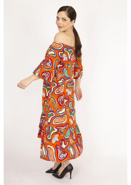 Kadın Oranj Büyük Beden Dokuma Viskon Kumaş Yaka Lastikli Kol Ve Etek Ucu Büzgülü Elbise modelleri