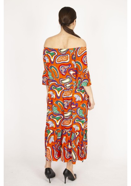 Kadın Oranj Büyük Beden Dokuma Viskon Kumaş Yaka Lastikli Kol Ve Etek Ucu Büzgülü Elbise fırsatları