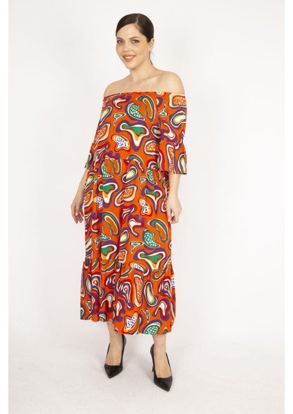 Kadın Oranj Büyük Beden Dokuma Viskon Kumaş Yaka Lastikli Kol Ve Etek Ucu Büzgülü Elbise indirimleri