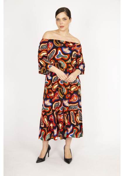 Kadın Oranj Büyük Beden Dokuma Viskon Kumaş Yaka Lastikli Kol Ve Etek Ucu Büzgülü Elbise