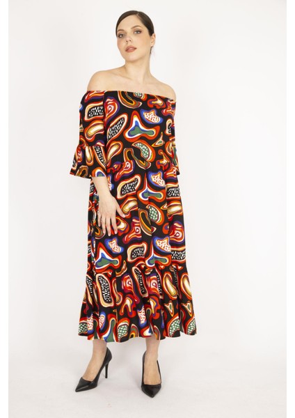 Kadın Oranj Büyük Beden Dokuma Viskon Kumaş Yaka Lastikli Kol Ve Etek Ucu Büzgülü Elbise fiyatları