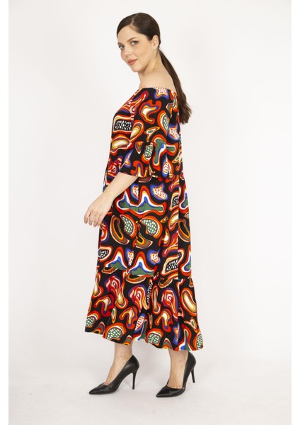 Kadın Oranj Büyük Beden Dokuma Viskon Kumaş Yaka Lastikli Kol Ve Etek Ucu Büzgülü Elbise modelleri