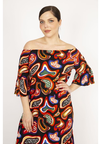 Kadın Oranj Büyük Beden Dokuma Viskon Kumaş Yaka Lastikli Kol Ve Etek Ucu Büzgülü Elbise indirimleri