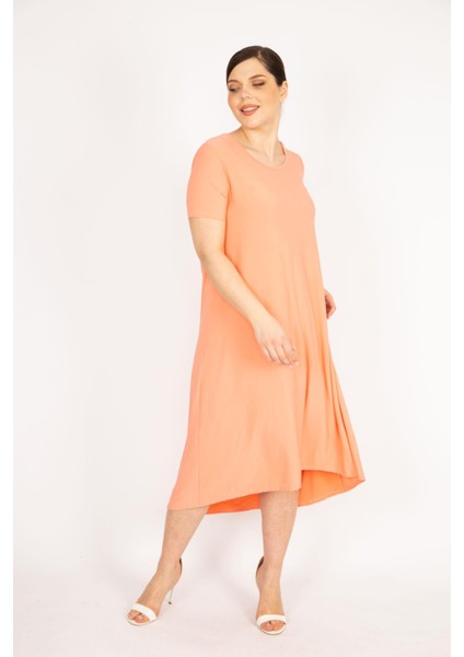 Kadın Somon Büyük Beden Bisiklet Yakalı Kısa Kol Arkası Uzun Elbise fiyatları