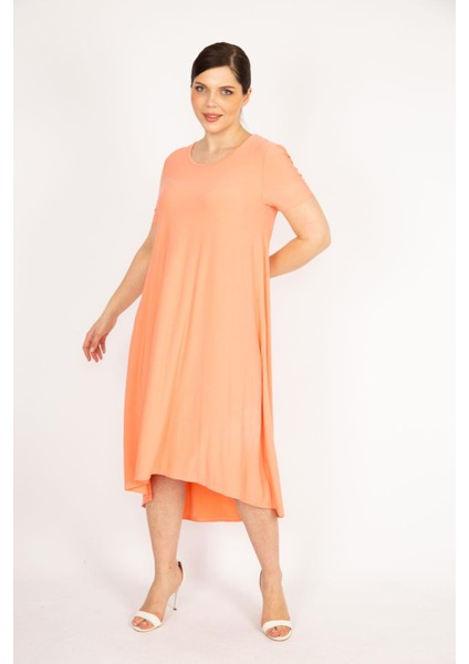 Kadın Somon Büyük Beden Bisiklet Yakalı Kısa Kol Arkası Uzun Elbise modelleri