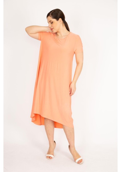 Kadın Somon Büyük Beden Bisiklet Yakalı Kısa Kol Arkası Uzun Elbise fırsatları