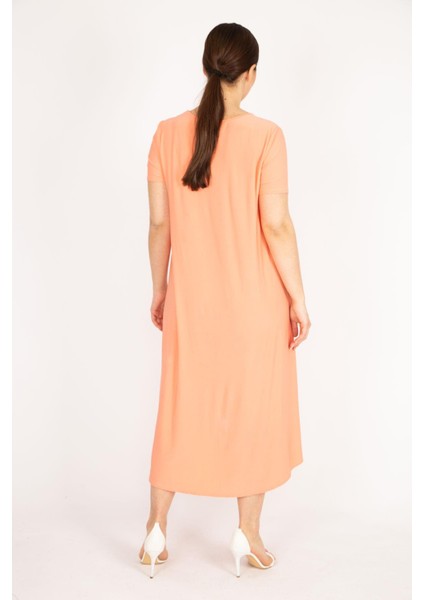 Kadın Somon Büyük Beden Bisiklet Yakalı Kısa Kol Arkası Uzun Elbise indirimleri