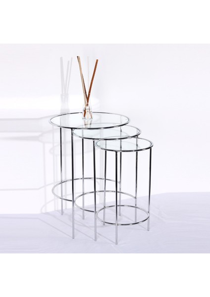 Arbentedarik Nesting 3lü Gümüş Metal Camlı Yan Sehpa Zigon Sehpa Orta Sehpa