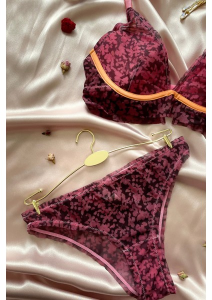 Intive Lingerie Lilly Kadın Bej Çiçek Desenli Turuncu Askılı Padli Sütyen Takım