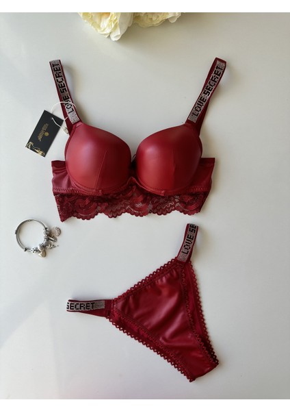 Intive Lingerie Lateks Deri Askıları Taşlı Push-Up Sütyen Takım