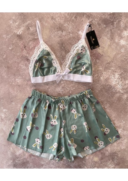 Kadın Tavşan Desen Detaylı Yazlık Saten Bralet Şort Takım
