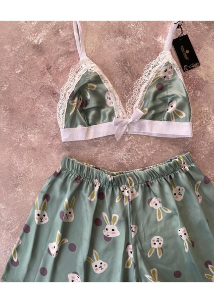 Kadın Tavşan Desen Detaylı Yazlık Saten Bralet Şort Takım fiyatları
