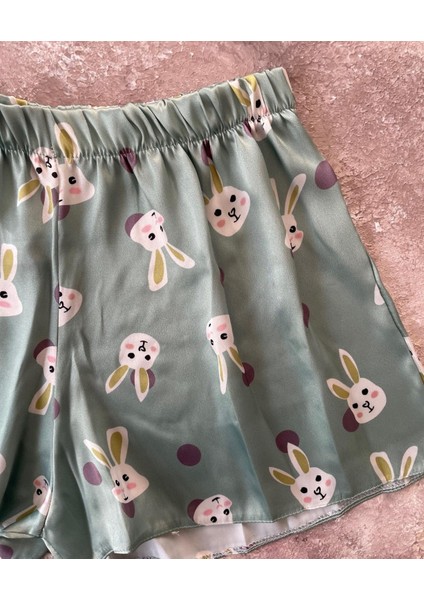 Kadın Tavşan Desen Detaylı Yazlık Saten Bralet Şort Takım fırsatları