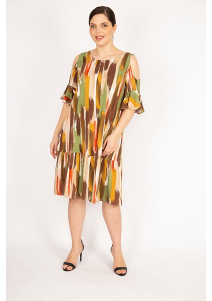 Kadın Fujya Büyük Beden Omuz Dekolteli Dokuma Viskon Kumaş Yan Cepli Elbise