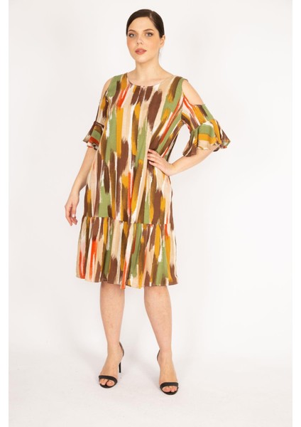 Kadın Fujya Büyük Beden Omuz Dekolteli Dokuma Viskon Kumaş Yan Cepli Elbise fiyatları