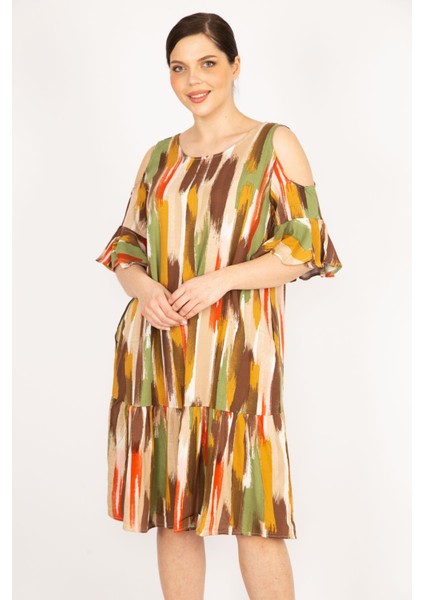 Kadın Fujya Büyük Beden Omuz Dekolteli Dokuma Viskon Kumaş Yan Cepli Elbise indirimleri