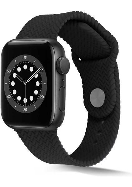 Apple Watch 38MM Silikon Kordon Hasır Örgü Görünümlü 7 Kademeli Ayarlanabilir Kayış Krd-37 (Siyah)