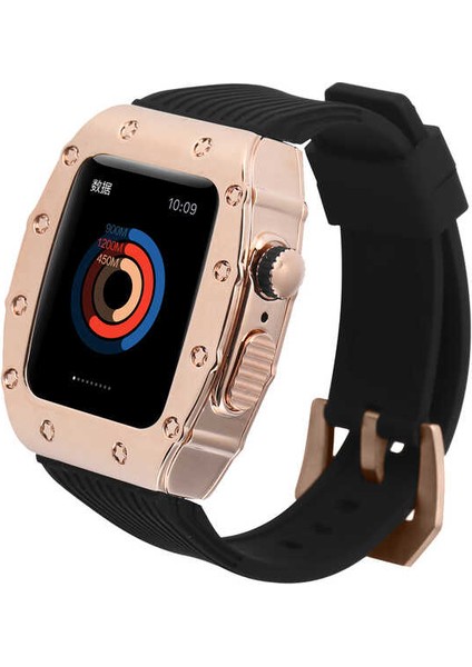 Apple Watch 7 45MM Kordon Metal Çerçeve Korumalı Silikon Kordon Krd-65 (Siyah-Rose Gold)