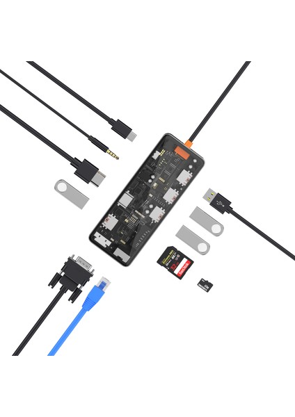 Wiwu CB011 Cyber 11 In 1 Type-C Hub 100W Şarj Destekli Şeffaf Sd KART-RJ45-HDMI-VGA-USB Çoğaltıcı