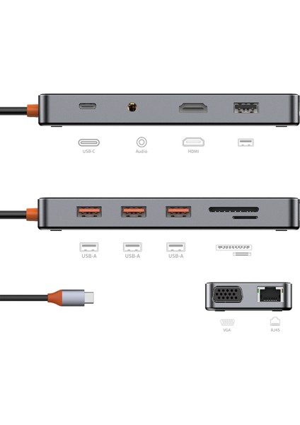 Wiwu CB011 Cyber 11 In 1 Type-C Hub 100W Şarj Destekli Şeffaf Sd KART-RJ45-HDMI-VGA-USB Çoğaltıcı