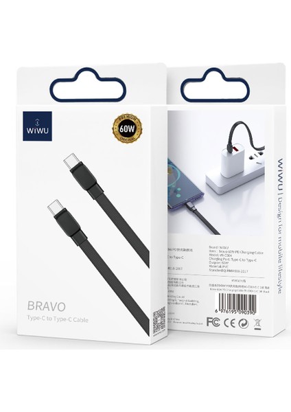 Bravo Wİ-C004 Yassı Tasarım 60W Hızlı Şarj Özellikli Type-C To Type-C Pd Kablo 1m Siyah indirimleri